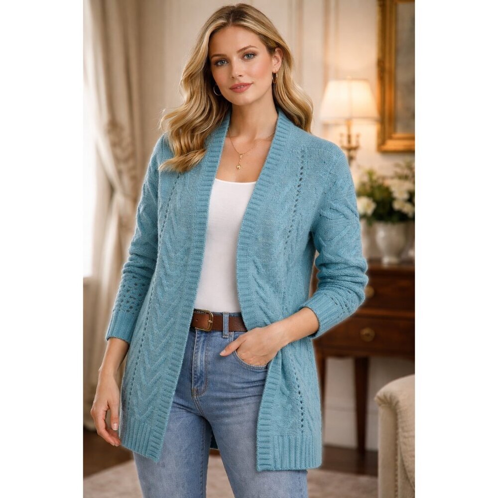 C by Bloomingdale’s 100% 2-Ply Cashmere Cardigan M Blue Cable Knit Open Front